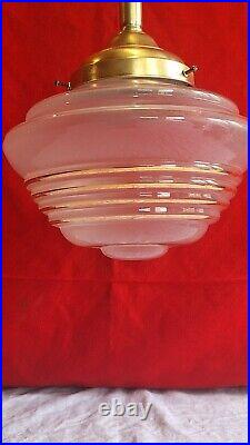 Plafonnier Lustre Art Deco Laiton Globe Verre Dorure Vintage