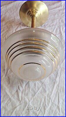 Plafonnier Lustre Art Deco Laiton Globe Verre Dorure Vintage