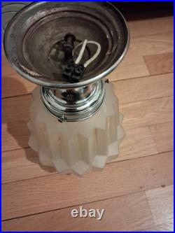 Plafonnier lampe art déco verre et inox skyscraper gratte ciel 1930 TBE 26 cm