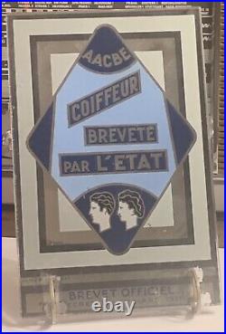 Plaque enseigne de coiffeur verre églomisé brevet officiel AACBE art déco