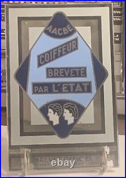 Plaque enseigne de coiffeur verre églomisé brevet officiel AACBE art déco