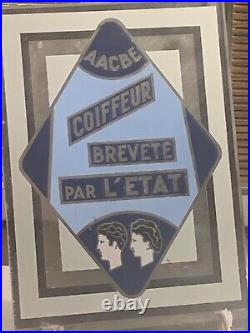 Plaque enseigne de coiffeur verre églomisé brevet officiel AACBE art déco