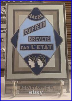 Plaque enseigne de coiffeur verre églomisé brevet officiel AACBE art déco