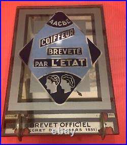 Plaque enseigne de coiffeur verre églomisé brevet officiel AACBE art déco