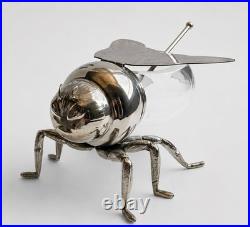 Pot à Miel Abeille Métal Argenté Verre Vintage Honey Bee Jar Silverplate Figural