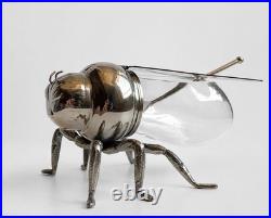 Pot à Miel Abeille Métal Argenté Verre Vintage Honey Bee Jar Silverplate Figural