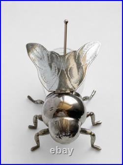 Pot à Miel Abeille Métal Argenté Verre Vintage Honey Bee Jar Silverplate Figural
