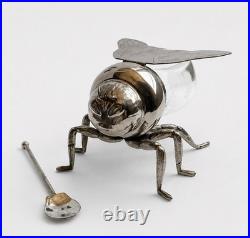 Pot à Miel Abeille Métal Argenté Verre Vintage Honey Bee Jar Silverplate Figural