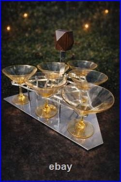 Rare service à liqueur Art Déco signé LB acier inox et verres d'époque