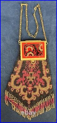 Sac de soirée Art Déco 1920 perles verre bakélite décorée miroir intérieur