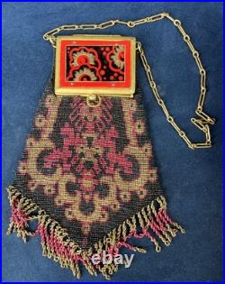 Sac de soirée Art Déco 1920 perles verre bakélite décorée miroir intérieur