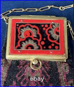 Sac de soirée Art Déco 1920 perles verre bakélite décorée miroir intérieur