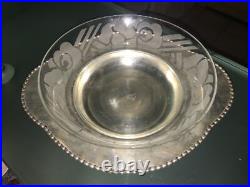 Saladier en verre Signé Maître Verrier Ramus Art DECO Sous Plat Metal argenté