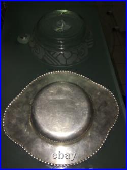 Saladier en verre Signé Maître Verrier Ramus Art DECO Sous Plat Metal argenté