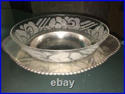 Saladier en verre Signé Maître Verrier Ramus Art DECO Sous Plat Metal argenté