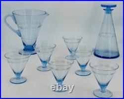 Service Art Deco À Orangeade Avec Pichet Carafe &6 Verres En Verre Gravé Coloré
