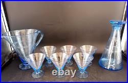 Service Art Deco À Orangeade Avec Pichet Carafe &6 Verres En Verre Gravé Coloré