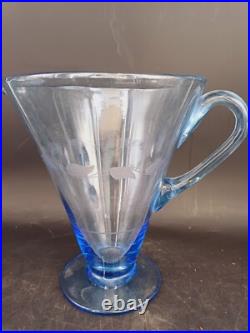 Service Art Deco À Orangeade Avec Pichet Carafe &6 Verres En Verre Gravé Coloré