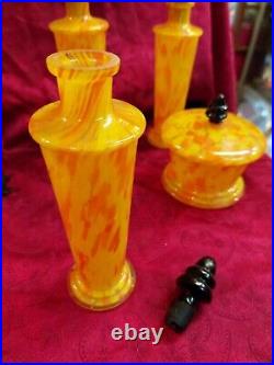 Service De Toilette En Verre Marbré Orange Et Jaune Art Deco 6 pièces