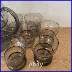 Service Orangeade Broc Et 9 Verres Années 30 Art Déco Verre Fumé Gris Rare