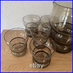 Service Orangeade Broc Et 9 Verres Années 30 Art Déco Verre Fumé Gris Rare