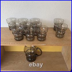 Service Orangeade Broc Et 9 Verres Années 30 Art Déco Verre Fumé Gris Rare