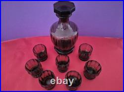 Service à Liqueur Art Déco Ambré Fumé Carafe + 6 Verres Bohême / Belgique