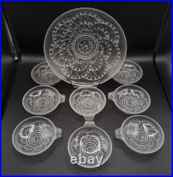 Service à glace en verre blanc moulé pressé de J. Landier modèle Arc Art Déco