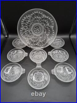 Service à glace en verre blanc moulé pressé de J. Landier modèle Arc Art Déco