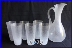 Service à orangeade 6 verres et un pichet en verre bullé soufflé Art Déco