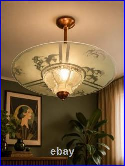 Suspension Art Déco en cuivre et verre gravé Grand luminaire vintage 1940 50