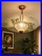 Suspension Art Déco en cuivre et verre gravé Grand luminaire vintage 1940 50