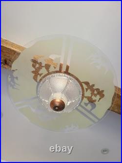Suspension Art Déco en cuivre et verre gravé Grand luminaire vintage 1940 50