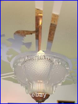 Suspension Art Déco en cuivre et verre gravé Grand luminaire vintage 1940 50