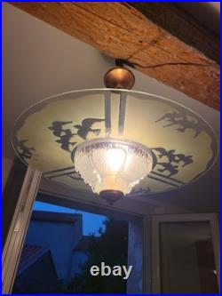 Suspension Art Déco en cuivre et verre gravé Grand luminaire vintage 1940 50