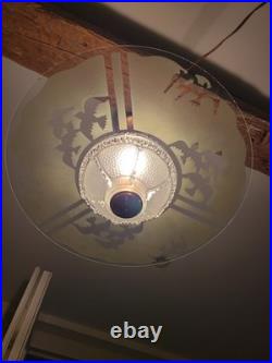 Suspension Art Déco en cuivre et verre gravé Grand luminaire vintage 1940 50