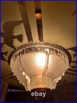 Suspension Art Déco en cuivre et verre gravé Grand luminaire vintage 1940 50
