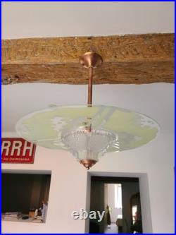 Suspension Art Déco en cuivre et verre gravé Grand luminaire vintage 1940 50