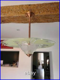 Suspension Art Déco en cuivre et verre gravé Grand luminaire vintage 1940 50