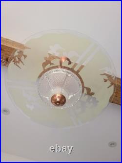 Suspension Art Déco en cuivre et verre gravé Grand luminaire vintage 1940 50