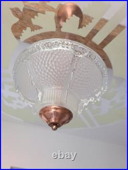 Suspension Art Déco en cuivre et verre gravé Grand luminaire vintage 1940 50