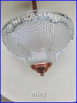 Suspension Art Déco en cuivre et verre gravé Grand luminaire vintage 1940 50