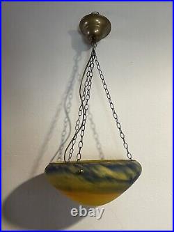 Suspension Lustre Vintage En Pate De Verre Bleu Jaune Style Vianne Art Déco