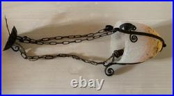 Suspension fer forgé obus verre marmoréen jaune rose blanc Art Déco no Muller