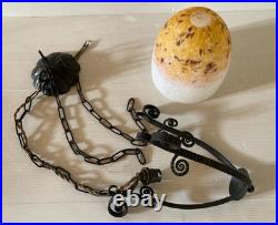 Suspension fer forgé obus verre marmoréen jaune rose blanc Art Déco no Muller