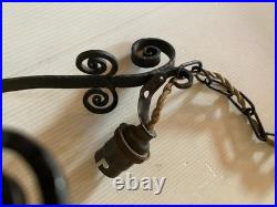 Suspension fer forgé obus verre marmoréen jaune rose blanc Art Déco no Muller
