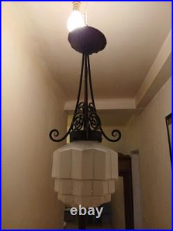 Suspension lustre fer forgé Art Déco Skyscraper en verre