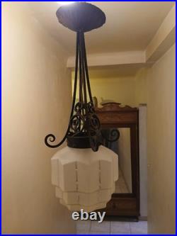 Suspension lustre fer forgé Art Déco Skyscraper en verre