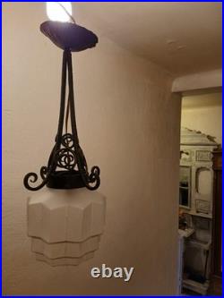 Suspension lustre fer forgé Art Déco Skyscraper en verre