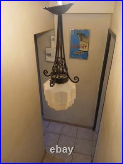 Suspension lustre fer forgé Art Déco Skyscraper en verre